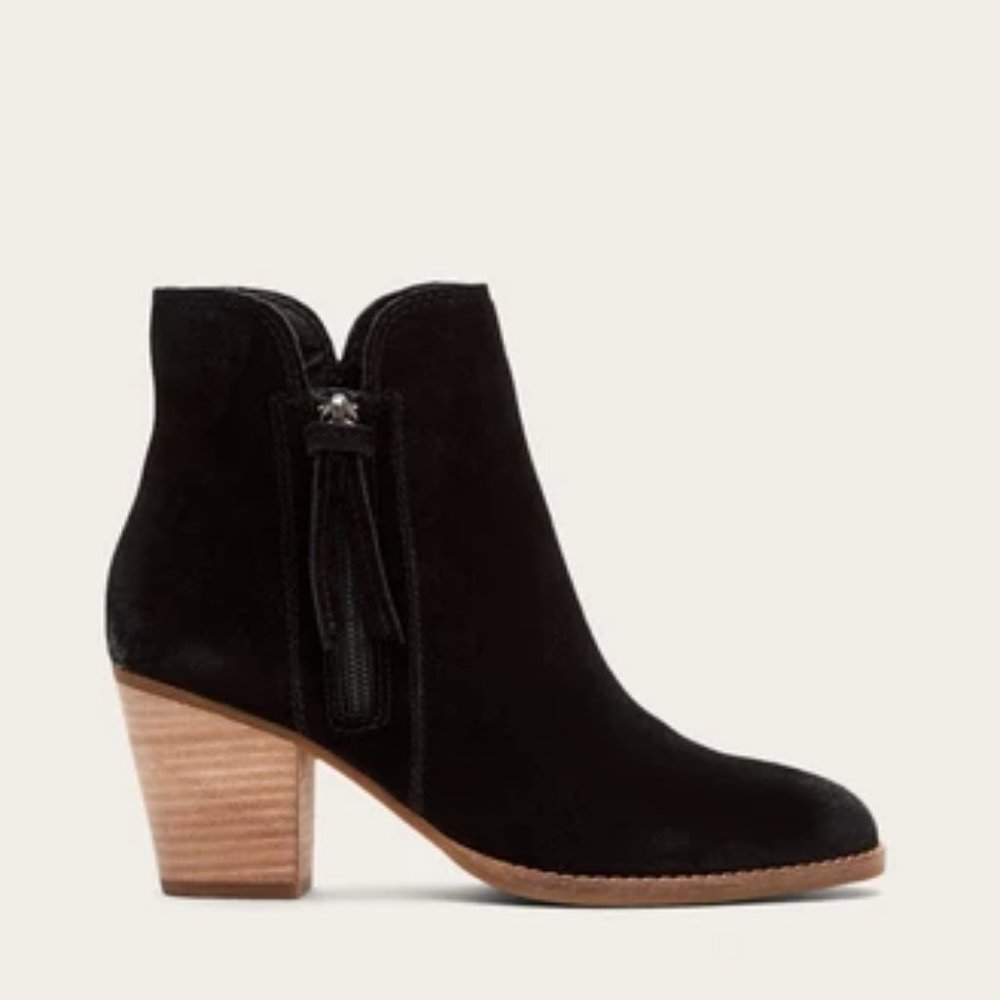 FRYE Black Suede Ankle Heeled Booties